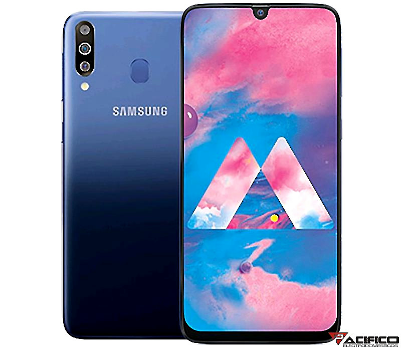 Teléfono Samsung azul con vista trasera y frontal, cámara triple y pantalla con fondo rosa y azul