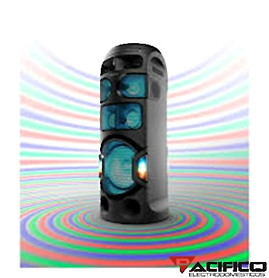 Parlante torre portátil negro con luces LED azules y rejilla frontal, sobre fondo de círculos de colores