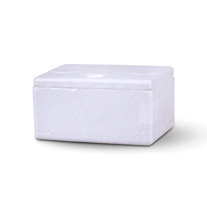 Caja cuadrada blanca de poliestireno para helado de 1/2 kg, con tapa y relieves circulares.