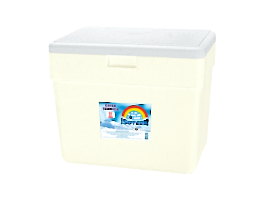 Caja térmica de plástico color crema con tapa gris y etiqueta azul en el frente