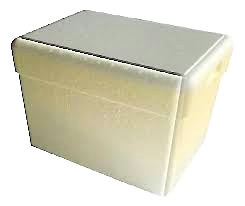 Caja térmica rectangular blanca crema con tapa gris, envuelta en film transparente