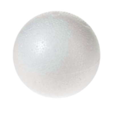 Esfera de telgopor blanca de 60 mm de diámetro, textura granulada, sobre fondo blanco