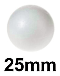 Esfera blanca de telgopor de 25 mm de diámetro, superficie texturada, sobre fondo blanco